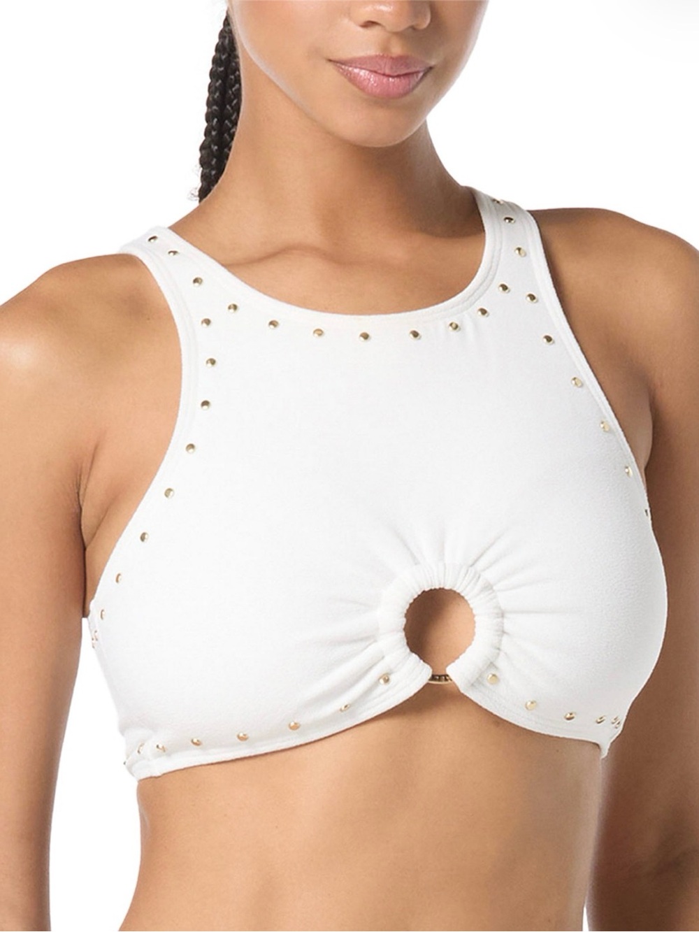 MICHAEL Michael Kors Women's Crepe Front-Ring Studded Bikini Top.White.NWT. R9C